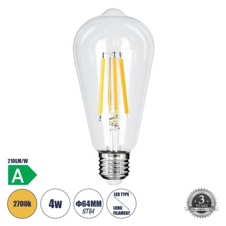 Λάμπα LED Filament ST64 4W 840lm 360° 2700K Διάφανο  - A' Ενεργειακή Κλάση  