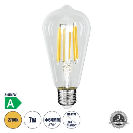 Λάμπα LED Long Filament ST64 7W 1470lm 360°  2700K  Διάφανο - A Ενεργειακή Κλάση  