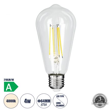 Λάμπα LED Long Filament ST64 4W 840lm 360° 4000K Διάφανο  - A Ενεργειακή Κλάση 