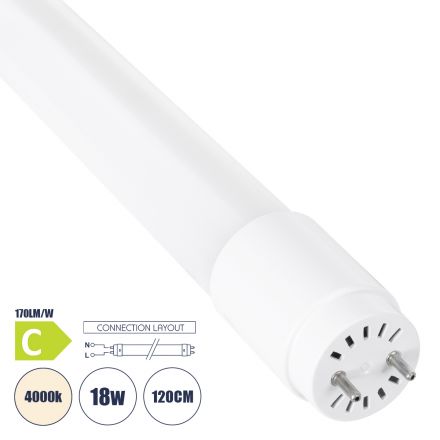 Λάμπα LED T8 G13 120cm 18W 3060lm 300° - IP20 Φ2.6 x Μ120cm - 4000K - Pro Series 170lm/W - C Ενεργειακή Κλάση 