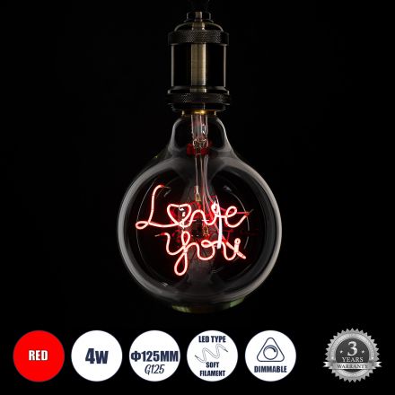 Λάμπα LED Filament G125 LOVE YOU 4W 340lm 360° Κόκκινο Διάφανο - Dimmable