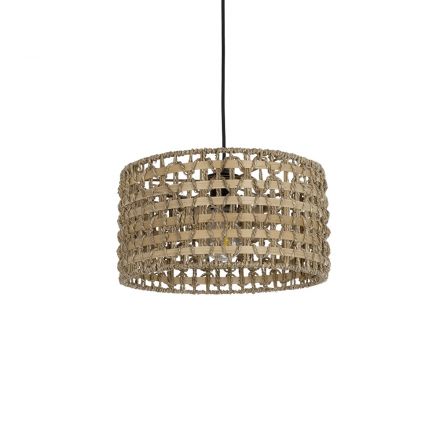 POMEGRANDE 204-0158 Boho Κρεμαστό Φωτιστικό Kαπέλο Μονόφωτο 1 x E27 IP20 Μπεζ Rattan με Καφέ Ξυλο - Μ30 x Π30 x Υ16cm