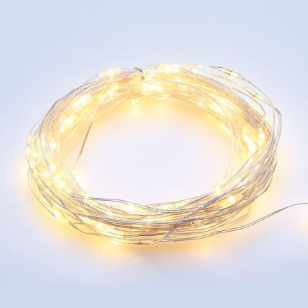 100 LED Λαμπάκια Σε Σειρά Μπαταρίας 3xAA Χρονοδιακόπτης Ασημί Καλώδιο Θερμό Λευκό 10m