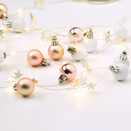 20 LED Λαμπάκια Μπάλες & Αστέρια XMAS Γιρλάντα Μπαταρίας White & Rose Gold 2xAA 190cm